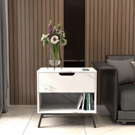 Mesa auxiliar de hierro negro con un cajón y laminado de papel blanco - Mesa auxiliar de hierro negro con un cajón y laminado de papel de arco eléctrico blanco